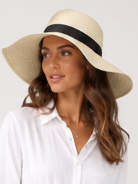 Accessories - Oversized Wide Brim Straw Sun Hat White Black Trim Extra Large Dramatic Beach